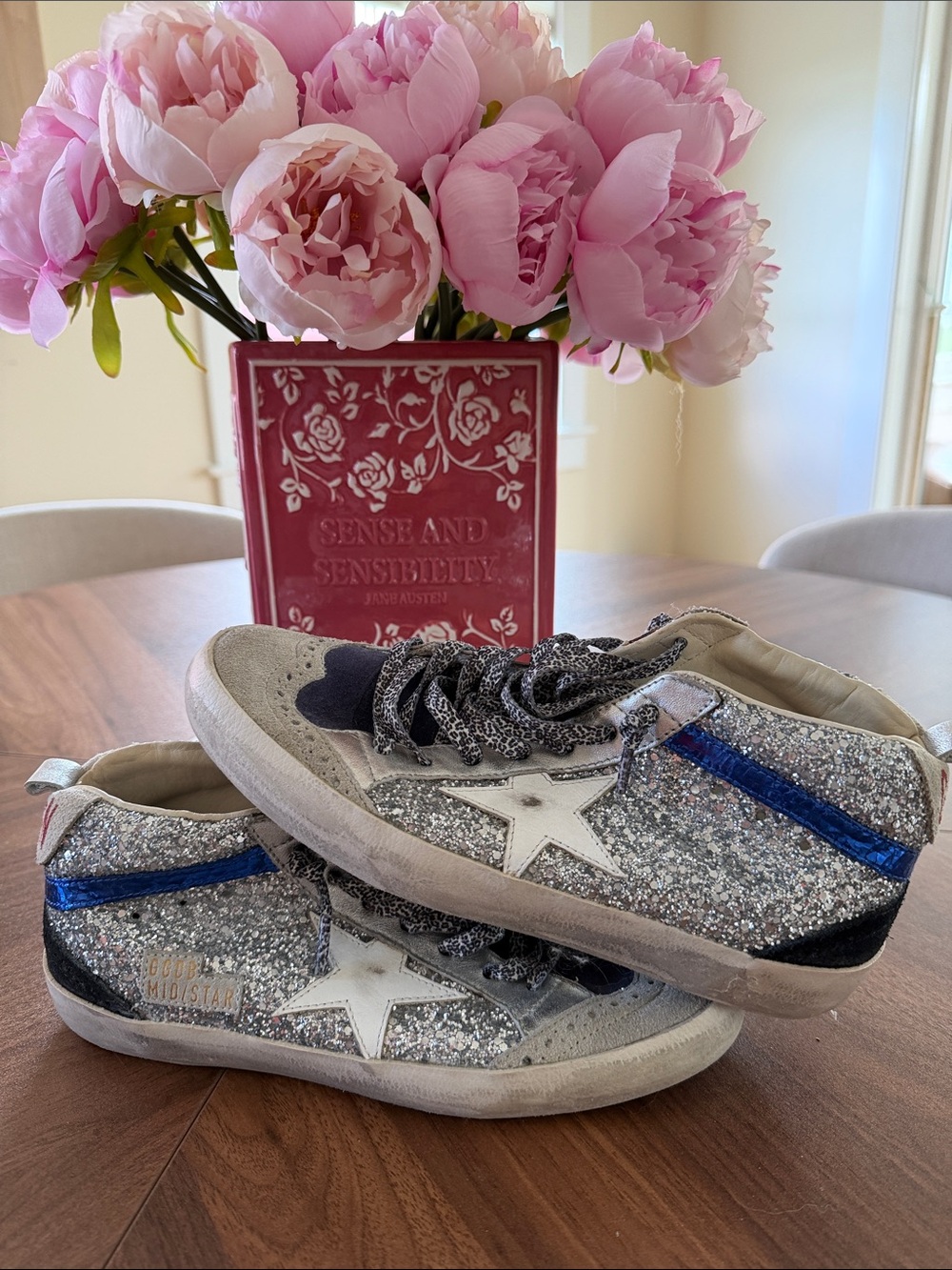 Authentic Golden Goose Midstars Silver Glitter with Blue Accent - 37/7